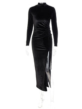 Load image into Gallery viewer, Dulzura 2021 Autumn Winter Women Solid Velvet Long Sleeve Ruched Midi Dress Side Slit Bodycon Sexy Streetwear Party Elegant Club
