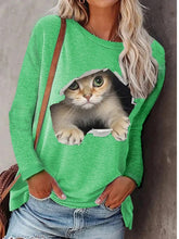 Load image into Gallery viewer, Women Autumn and Winter T-Shirts Long Sleeved Round Neck Cat Ptinting Shirts Casual Pullover Plus Size Ladies Tops