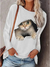 Load image into Gallery viewer, Women Autumn and Winter T-Shirts Long Sleeved Round Neck Cat Ptinting Shirts Casual Pullover Plus Size Ladies Tops