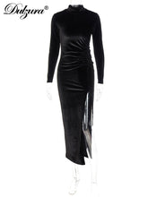 Load image into Gallery viewer, Dulzura 2021 Autumn Winter Women Solid Velvet Long Sleeve Ruched Midi Dress Side Slit Bodycon Sexy Streetwear Party Elegant Club